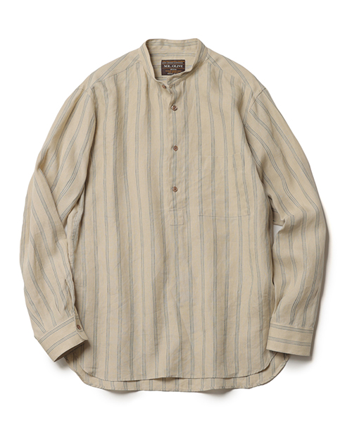 MROLIVE / STRIPE LINEN CLOTH / PULLOVER BAND COLLAR SHIRT