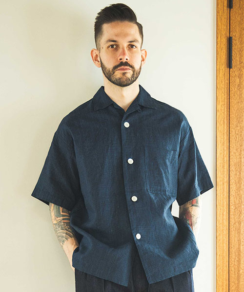 CLASSIC PATTERN INDIGO LINEN / OPEN COLLAR SHIRT