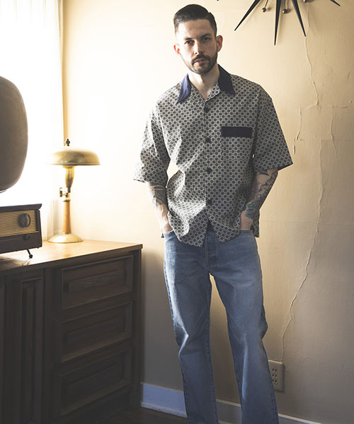 FINE PATTERN LINEN / VINTAGE OPEN COLLAR SHIRT